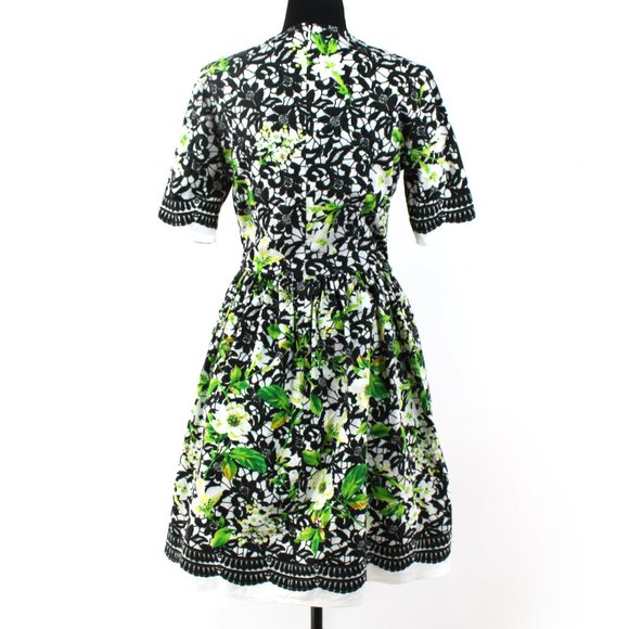Oscar de la Renta Cotton Poplin Black White Green Floral A-Line Dress 4 - Picture 5 of 8